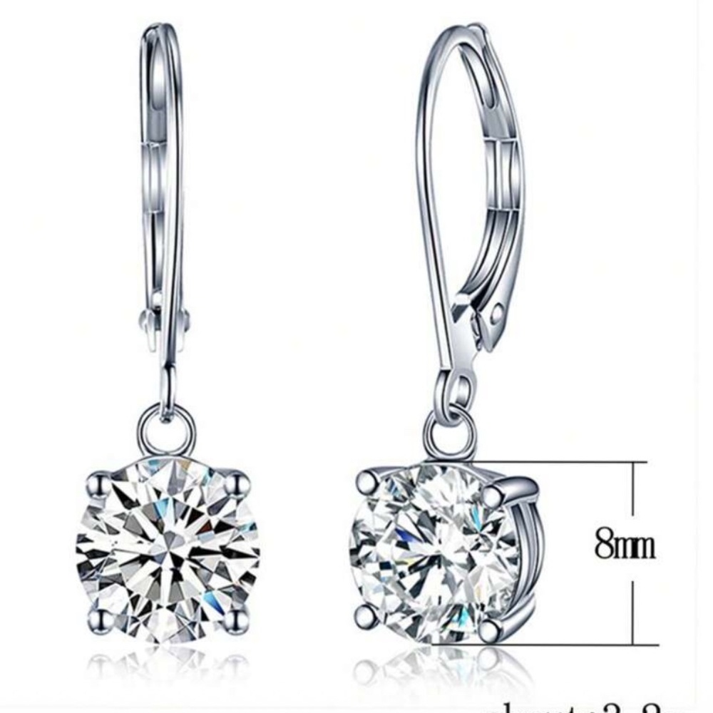 Cubic Zirconia Silver Drop Earrings  8mm with Lever Clasp GORGEOUS - Picture 3 of 8